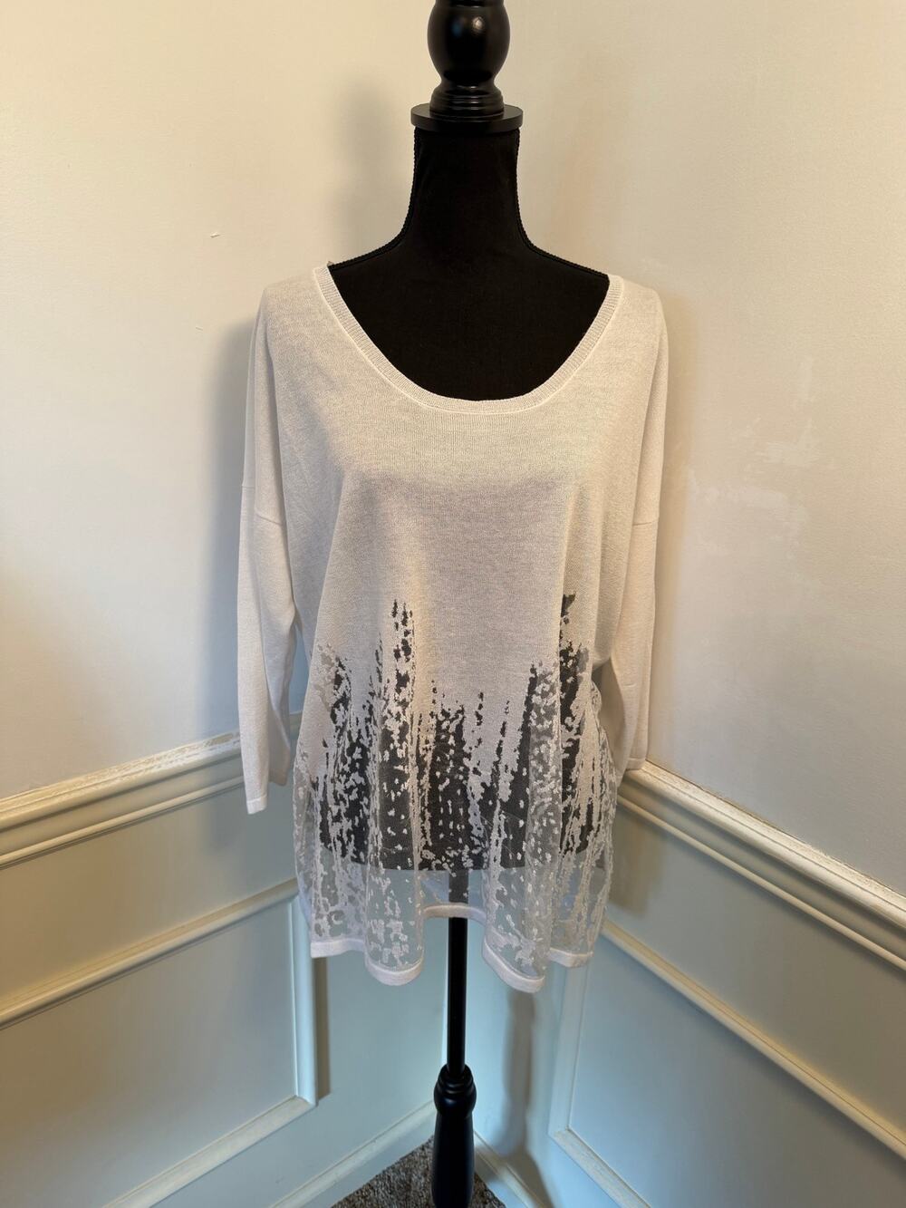 Joan Vass NY White Knit Scoop Neck Tunic Top Sheer Abstract Burnout Hem Sheer